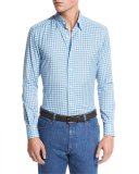 Small-Plaid Cotton-Linen Sport Shirt, Bright Blue