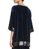 Velour Sequin-Trimmed Tunic, Navy 