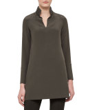 Leather-Trim Silk Shantung Tunic, Turtle