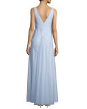 Sleeveless V-Neck Ruched-Bodice Tulle Gown, Dust Blue  