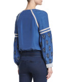 Raglan Embroidered Boho Blouse, French Blue