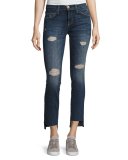 Uneven Cut Distressed Skinny Jeans, Medium Blue