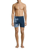 Bulldog Foliage-Print Mid-Length Swim Trunks, Navy