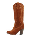 Ilana Embroidered Suede Western Boot, Wood