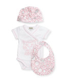 Short-Sleeve Surplice Playsuit, Baby Hat & Bib Set, Pink, Size Newborn-6 Months