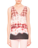 Bleached Plaid Sleeveless V-Neck Blouse, Scarlet