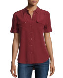 Short-Sleeve Slim Signature Silk Blouse, Burnt Scarlet