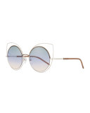 Exaggerated Metal Cat-Eye Sunglasses, Silver/Blue