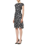 Floral Cutout Cap-Sleeve Cocktail Dress, Black/White