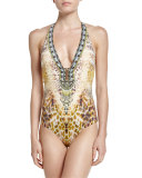 Halter-Neck Embellished One-Piece Swimsuit, Leopard's Leap