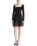 Long-Sleeve Floral-Hem Dress, Black
