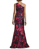 One-Shoulder Floral Jacquard Mermaid Gown, Pink/Navy