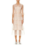 Embroidered Tulle 3/4-Sleeve Trench Dress, Pink