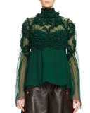 3D Floral-Embellished Blouse, Forest Green