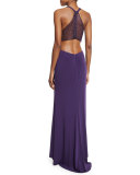 Sleeveless Crewneck Cutout Halter Gown, Plum