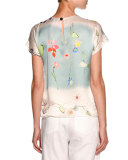 Floral Short-Sleeve Chiffon Tee, White/Multi