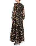 Long-Sleeve Floral Peasant Gown, Multi Colors