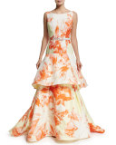 Sleeveless Vintage Floral Belted Gown, Citrus