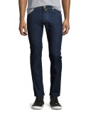 Dark-Wash Slim-Straight Jeans with Green Stitching, Blue