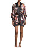 Floral-Printed Short Kimono Robe, Black