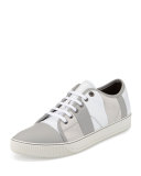 Men's Striped Leather Low-Top Sneaker, White/Gray