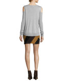 Melange Cold-Shoulder Surplice Sweater, Gray