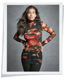 Floral-Print Stretch-Tulle Turtleneck, Black/Red