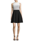 Mock-Neck Colorblock Fit-&-Flare Dress, White/Black