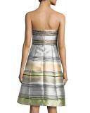 Striped Strapless Satin A-Line Dress, Sand/Multicolor