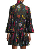 Bell-Sleeve Floral Chiffon Mini Dress, Black/Multicolor