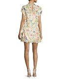 Flutter-Sleeve Hummingbird-Print Shift Dress, Panna