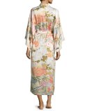 Yuzen Floral-Print Long Wrap Robe, Antique