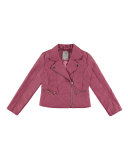 Faux-Leather Quilted-Trim Moto Jacket, Dark Pink, Size 3-6