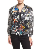 Sequin-Sleeve Monkey-Print Bomber Jacket, Silver