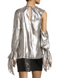 Agata Long-Sleeve Lamé Blouse, Silver