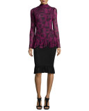 Lace-Print Ruffled Peplum Top, Fuchsia