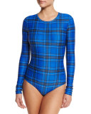 UPF 50 Long-Sleeve Paid One-Piece Swimsuit, Blue
