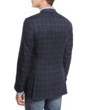 Heathered Windowpane Check Two-Button Sport Coat, Navy