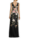 Sleeveless Floral Embroidered Tulle Gown, Black/Pink