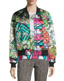 Arcade-Print Quilted Bomber Jacket, Green