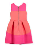 Sleeveless Pleated Two-Tone Scuba Dress, Coral/Pink, Size 4-6X