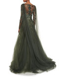 Geometric-Beaded Long-Sleeve Cape Gown, Forest Green