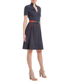 Short-Sleeve A-Line Combo Dress, Navy/Rust