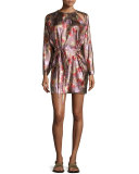 Metallic Long-Sleeve Tie-Waist Dress, Antique Pink