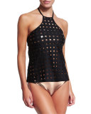 Square Up Cutout High-Neck Tankini Top & Metallic Bandeau