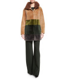 Colorblock Shearling Coat, Caramel