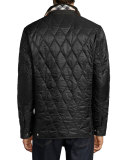 Corduroy-Collar Quilted Jacket, Black