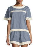Open-Back Micro-Stripe Top w/Braid & Fringe Trim, Blue