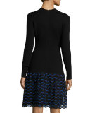 Wave-Lace Long-Sleeve Dress, Lapis/Black