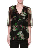 Half-Sleeve Ruffle-Front Printed Blouse, Moss
